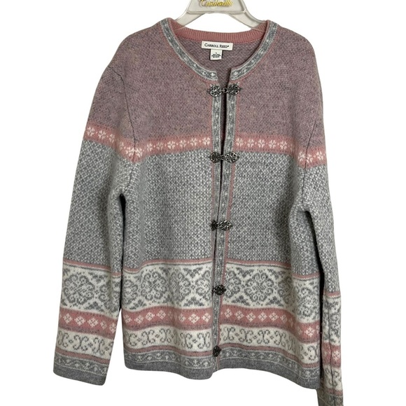 Carroll Reed Fair Isle Celtic Pink and Gray Wool Sweater Jacket Size XL Winter - Picture 1 of 14